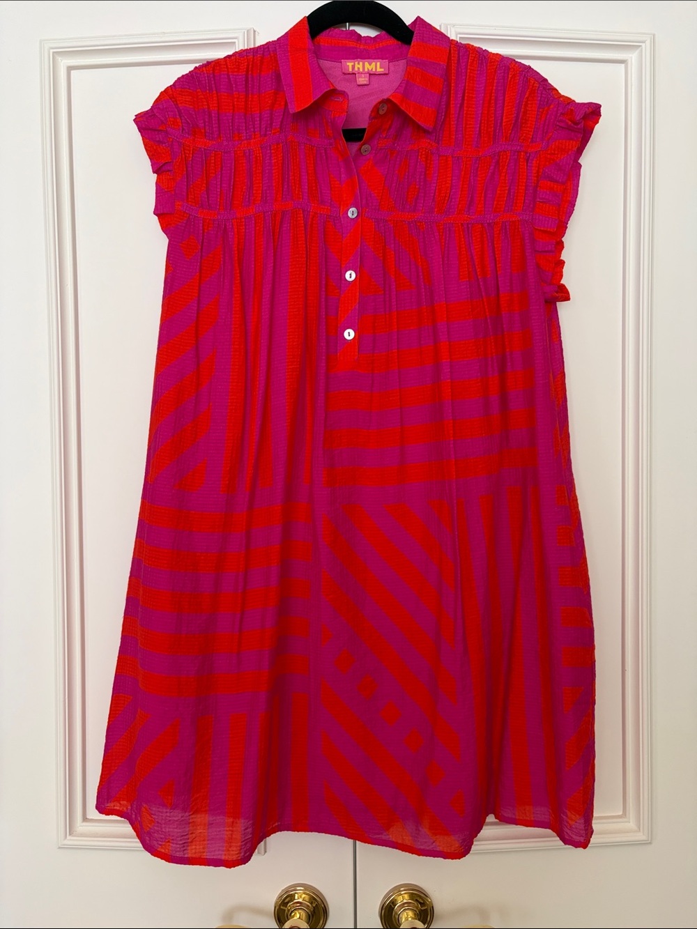 THML Pink and Red Geometric Short Sleeve Dress
